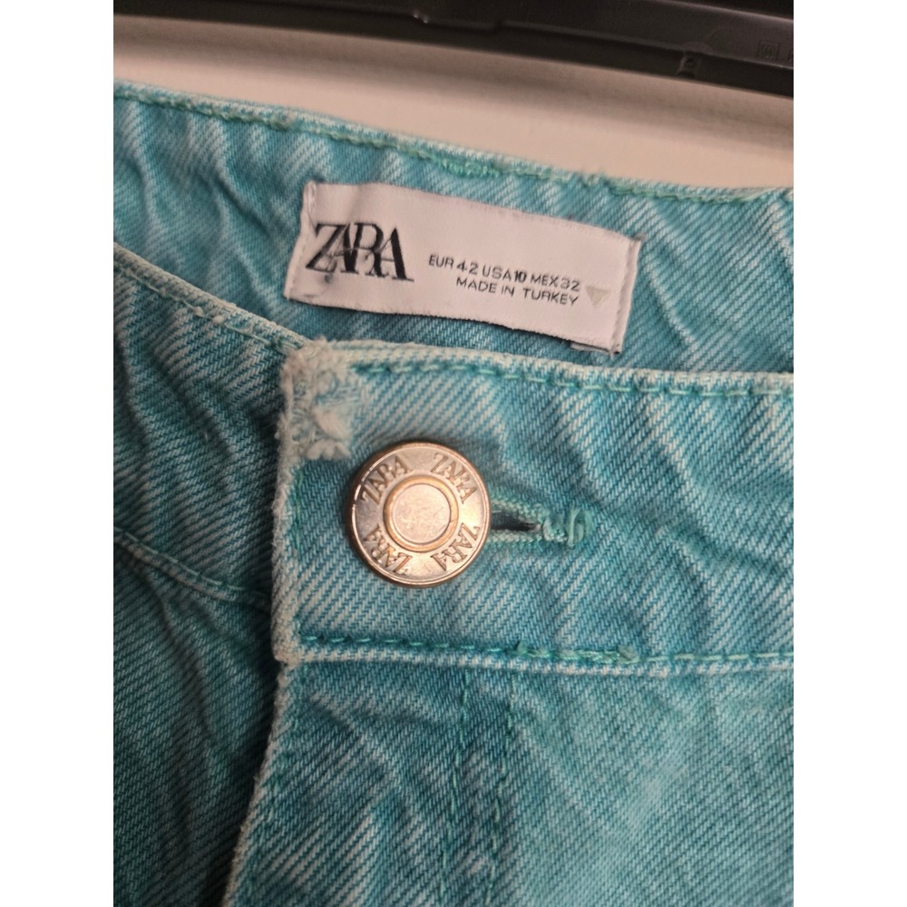 Zara High Waisted Wide Leg Jeans Turquoise Blue Frayed Hem Size 10 US 42 EUR - Picture 3 of 4